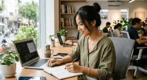 Hình ảnh một cô gái đeo vòng bạc tinh tế đang làm việc 